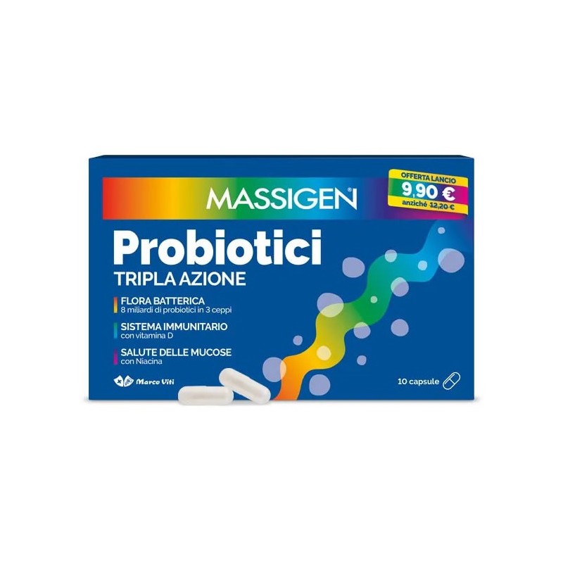 Massigen Probiotici 10 Capsule Tripla Azione - Integratore di Fermenti Lattici Vivi