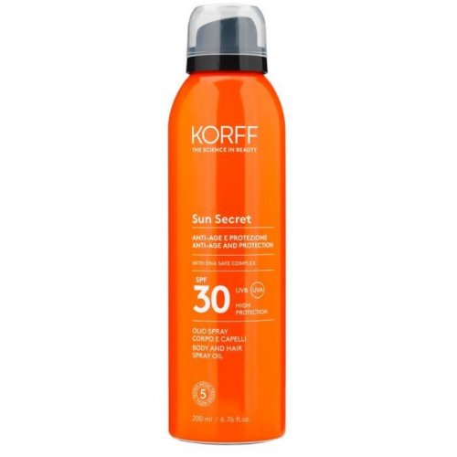 Korff Sun Secret Olio Spray Protettivo Anti Età SPF30 Olio Spray Solare Corpo E Capelli Tocco Secco 200 Ml